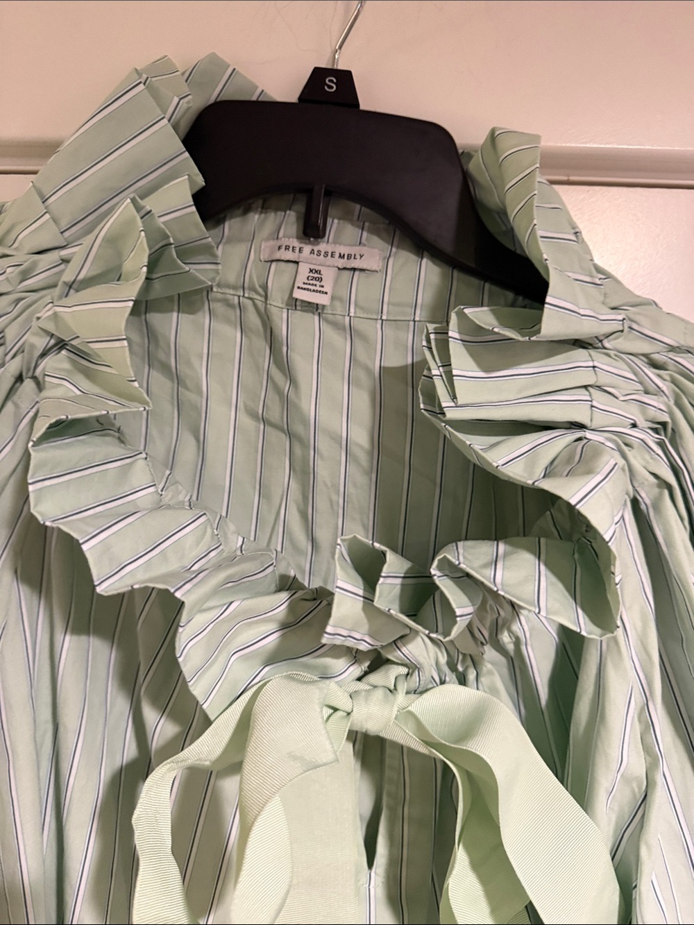 Light Green Striped Ruffled Tie-Neck Blouse - Picture 4 of 9